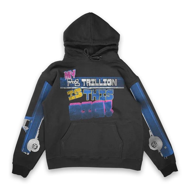 Black My F-1 Trillion Is This Big Post Malone hoodie with colourful back text and blue sleeve graphics