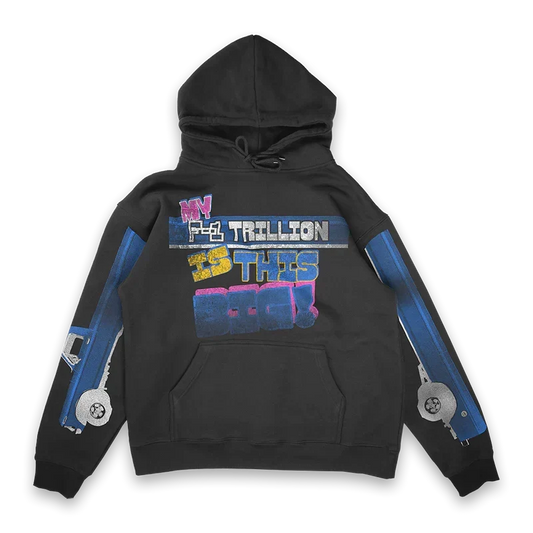 Black My F-1 Trillion Is This Big Post Malone hoodie with colourful back text and blue sleeve graphics