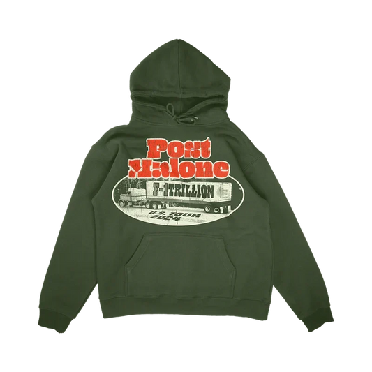 Olive green Post Malone F-1 Trillion hoodie with a red weigh station oval graphic on the back