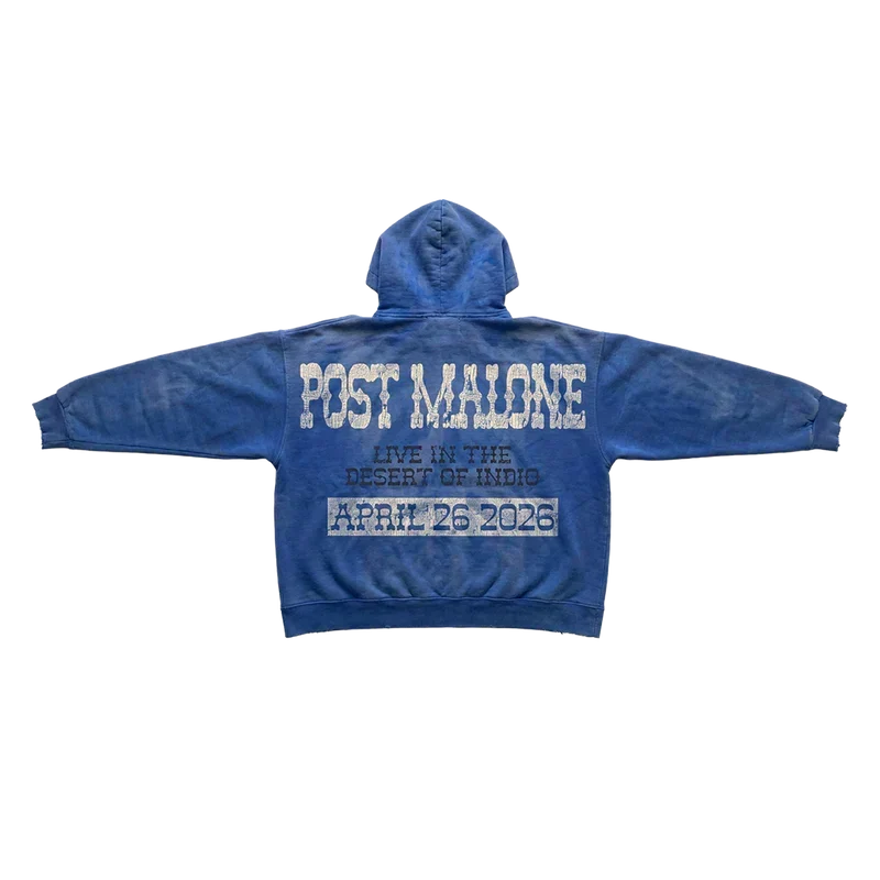 Blue washed Post Malone Live In The Desert hoodie back with Indio April 25 2026 tour lettering
