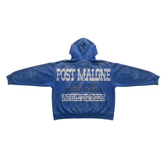 Blue washed Post Malone Live In The Desert hoodie back with Indio April 25 2026 tour lettering