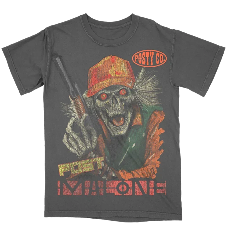 Charcoal Post Malone hunter tee with a cartoon skull hunter graphic and red Malone lettering