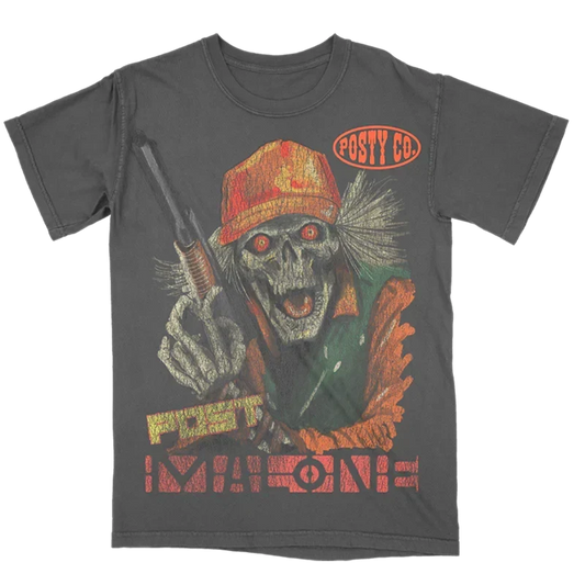 Charcoal Post Malone hunter tee with a cartoon skull hunter graphic and red Malone lettering