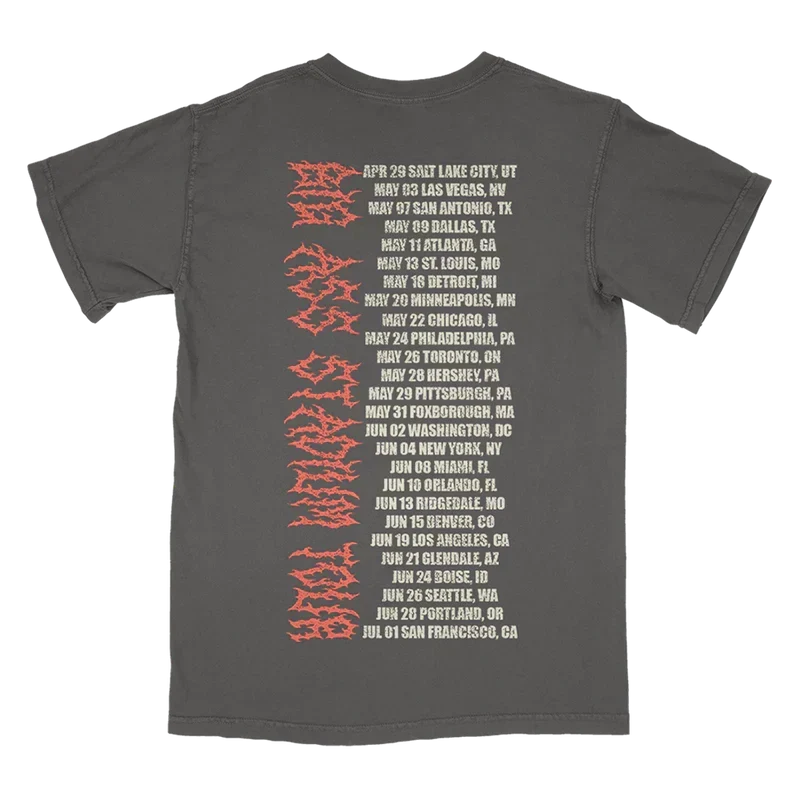 Charcoal Post Malone knight tour tee back with red vertical Big Ass Stadium Tour lettering and dates