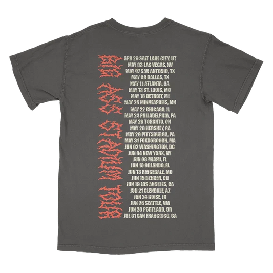 Charcoal Post Malone knight tour tee back with red vertical Big Ass Stadium Tour lettering and dates
