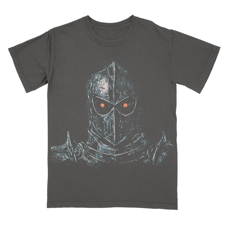 Charcoal Post Malone knight tour tee with a medieval helmet and armour graphic on the chest