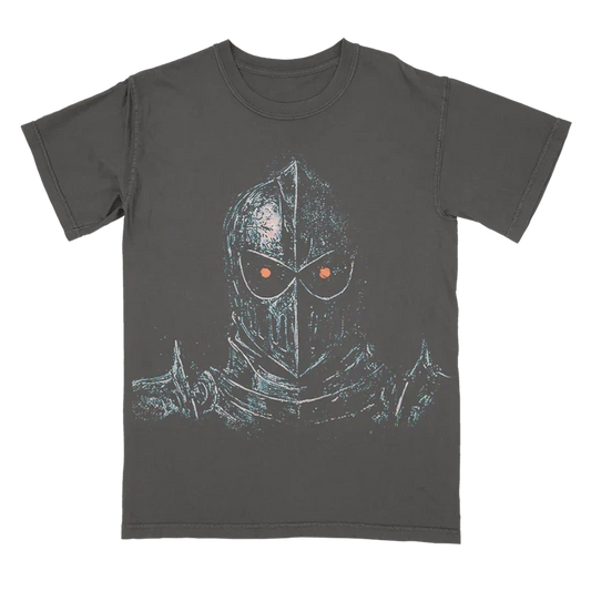 Charcoal Post Malone knight tour tee with a medieval helmet and armour graphic on the chest