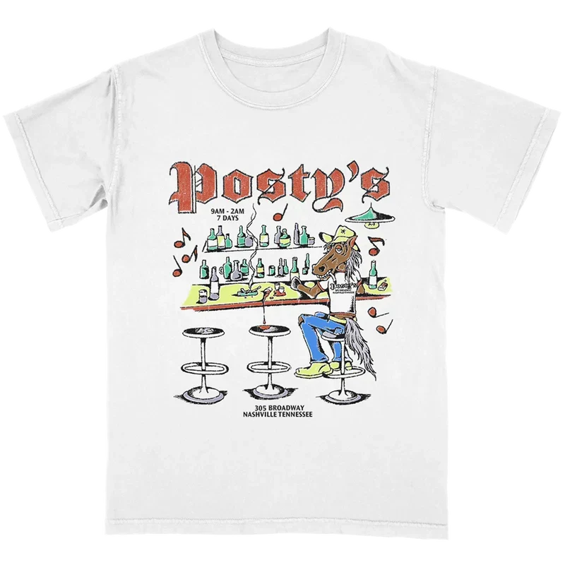 White Lead a Horse to Posty's tee with a cartoon bar scene and red Posty's script lettering