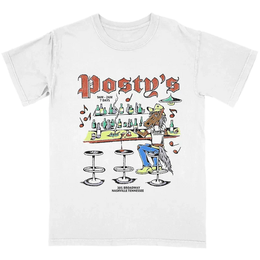 White Lead a Horse to Posty's tee with a cartoon bar scene and red Posty's script lettering