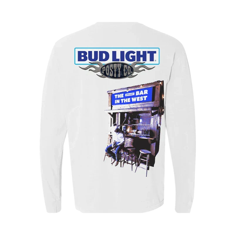 White Post Malone x Bud Light long sleeve back with a bar interior photo and Best Bar In The West text