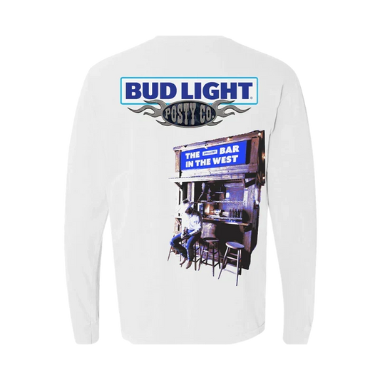 White Post Malone x Bud Light long sleeve back with a bar interior photo and Best Bar In The West text