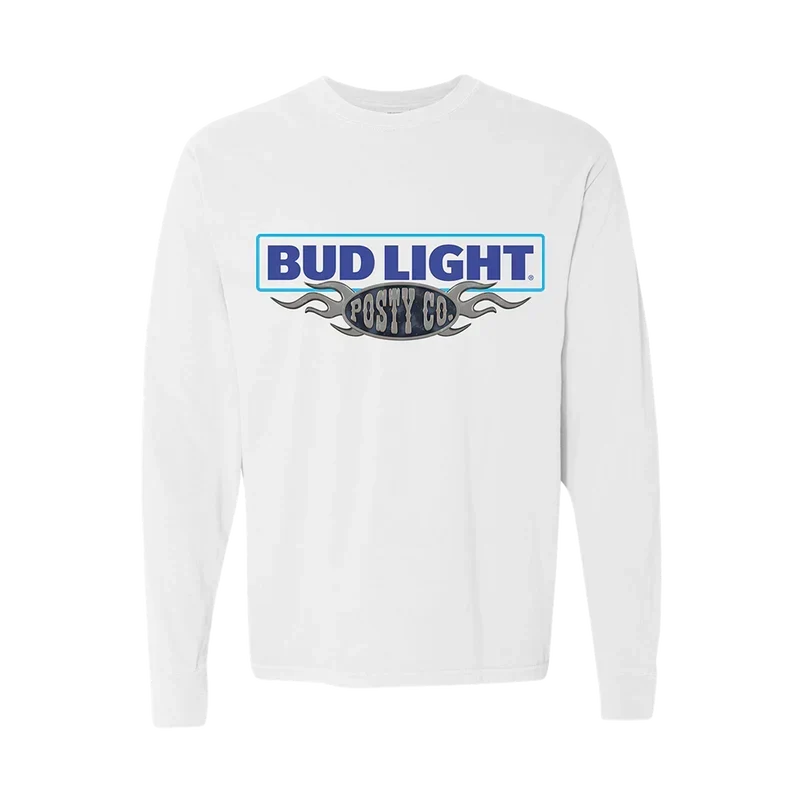 White Post Malone x Bud Light long sleeve tee with a Bud Light Posty Co logo across the chest