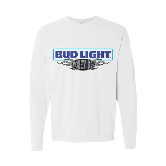 White Post Malone x Bud Light long sleeve tee with a Bud Light Posty Co logo across the chest