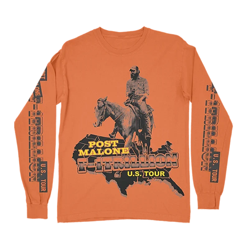 Orange Post Malone F-1 Trillion long sleeve with a cowboy on horseback graphic and US tour text