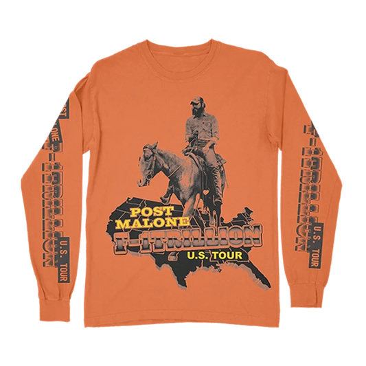 Orange Post Malone F-1 Trillion long sleeve with a cowboy on horseback graphic and US tour text