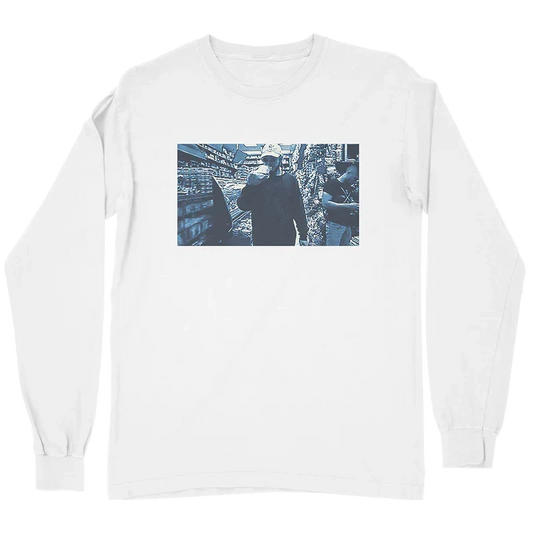 White Post Malone Too Young long sleeve tee with a rectangular black and white photo chest print