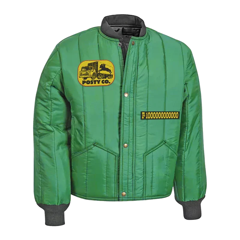Green Post Malone F-1 Trillion padded jacket with a Posty Co truck patch and yellow chest embroidery