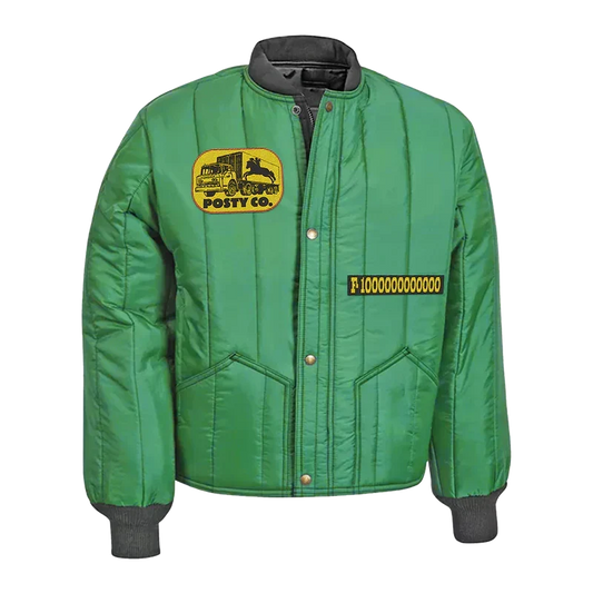 Green Post Malone F-1 Trillion padded jacket with a Posty Co truck patch and yellow chest embroidery