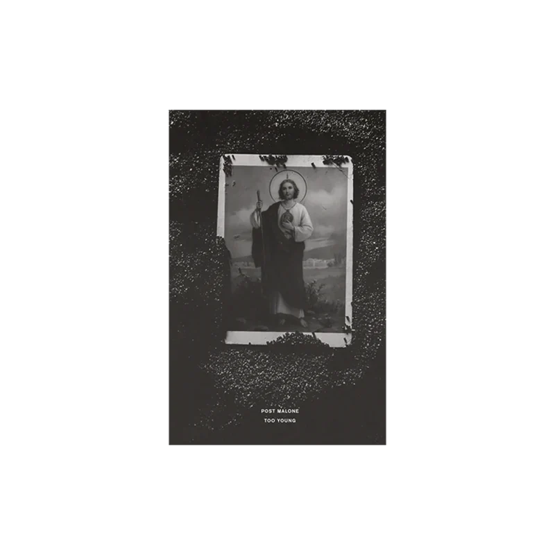 Post Malone Too Young collector poster with a framed black and white portrait on a dark background