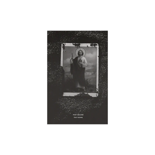 Post Malone Too Young collector poster with a framed black and white portrait on a dark background