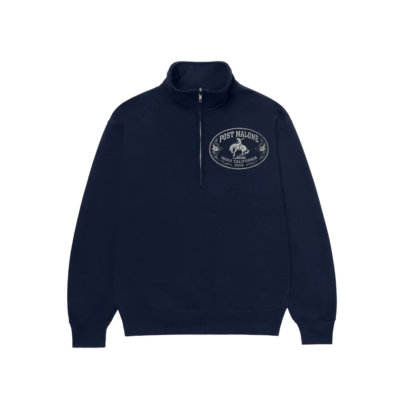 Navy Post Malone Buckle quarter zip sweatshirt with a small oval bronco rider logo patch on the chest