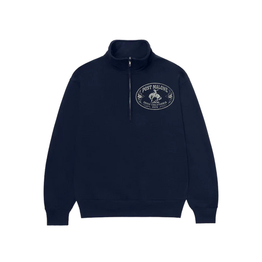 Navy Post Malone Buckle quarter zip sweatshirt with a small oval bronco rider logo patch on the chest