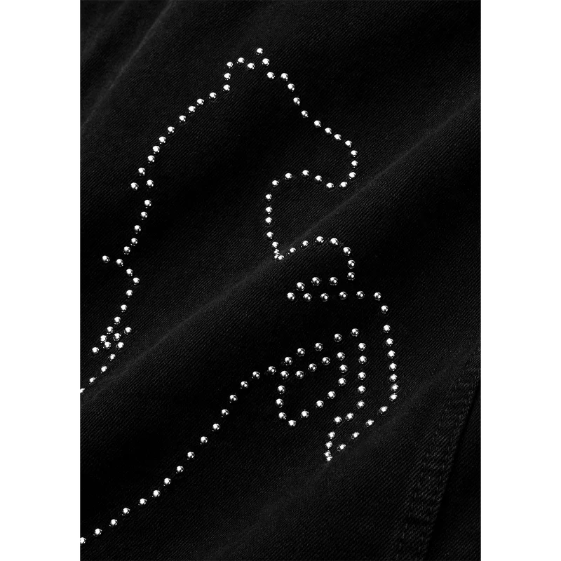 Close-up of the rhinestone rearing horse studded into the black Post Malone x Harley-Davidson vest
