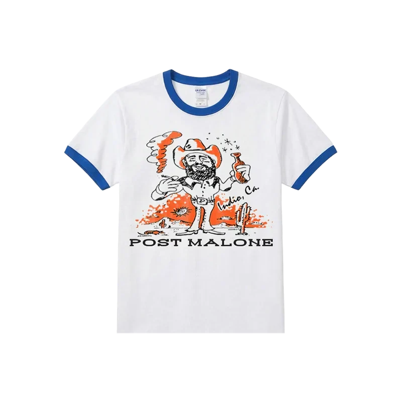 White Post Malone cartoon ringer tee with blue trim and an orange character graphic on the chest