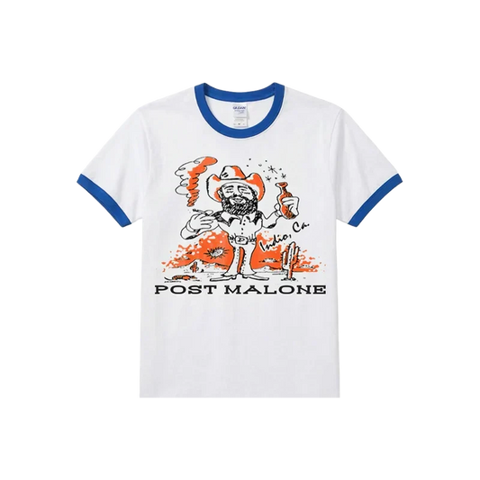 White Post Malone cartoon ringer tee with blue trim and an orange character graphic on the chest