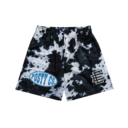 Black and white tie-dye Post Malone x Eric Emanuel shorts with a blue Posty Co logo on the leg
