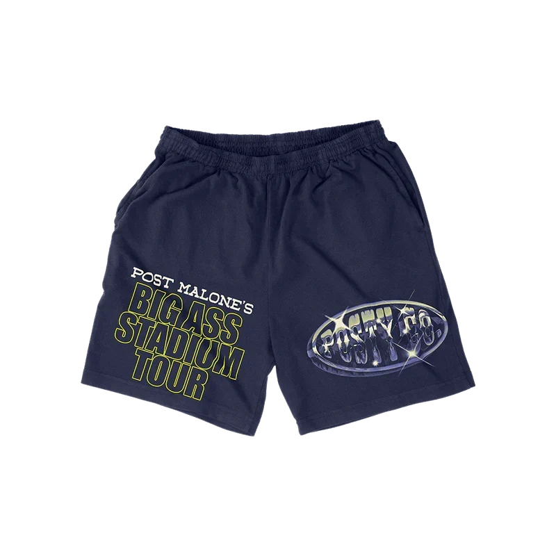 Navy Post Malone Big Ass Stadium Tour shorts with green tour lettering and a Posty Co oval logo