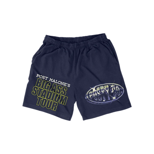 Navy Post Malone Big Ass Stadium Tour shorts with green tour lettering and a Posty Co oval logo