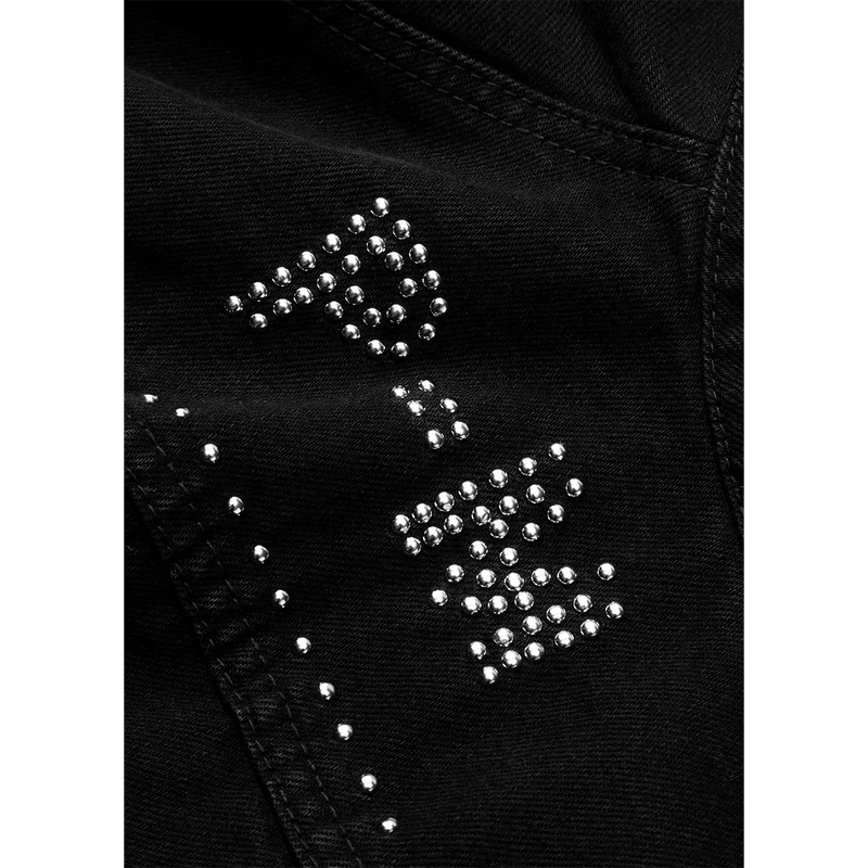 Close-up of the rhinestone P-M monogram studded into the black Post Malone x Harley-Davidson vest