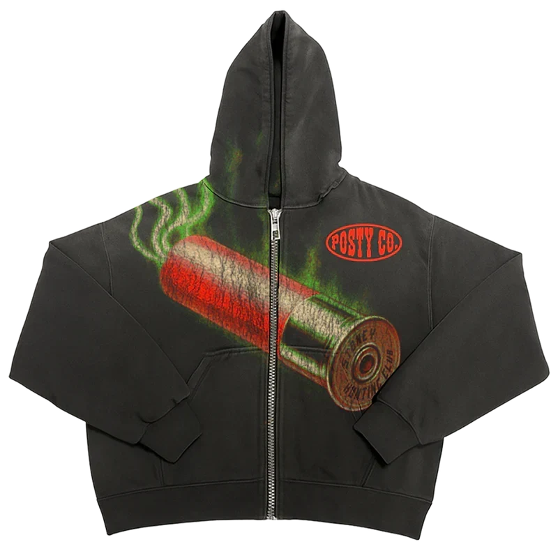 Washed black Post Malone Stoney Hunting Club zip hoodie with a shotgun shell graphic and Posty Co patch