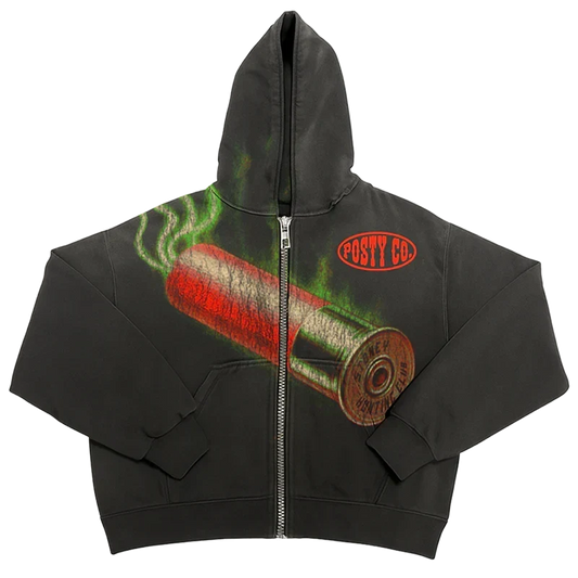 Washed black Post Malone Stoney Hunting Club zip hoodie with a shotgun shell graphic and Posty Co patch