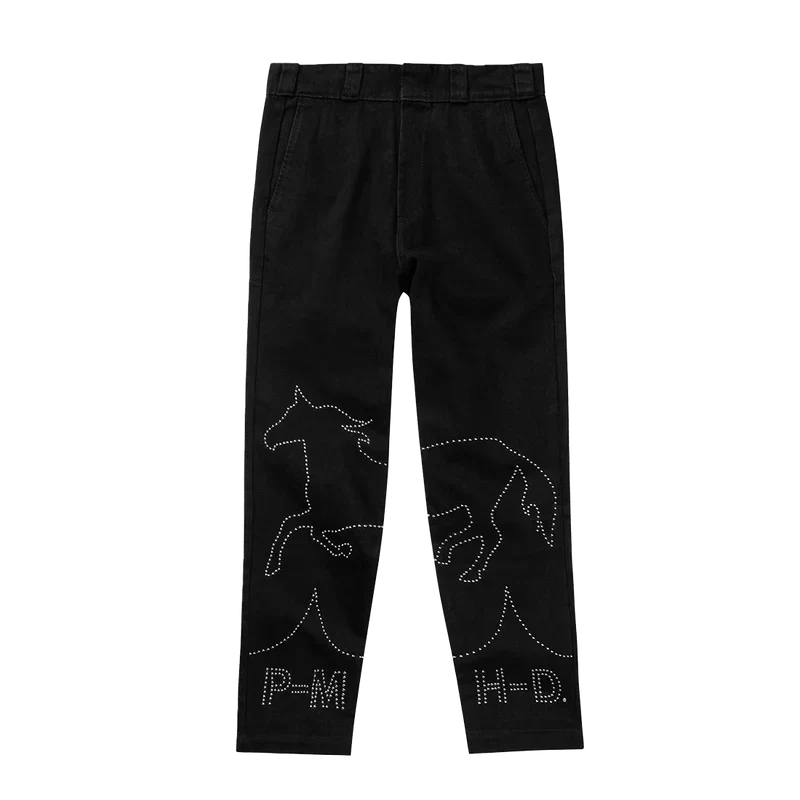 Black Post Malone x Harley-Davidson studded denim pants with rhinestone horse and P-M leg designs