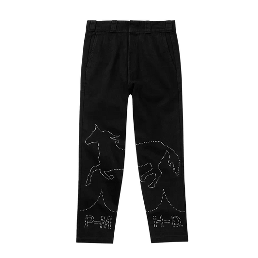 Black Post Malone x Harley-Davidson studded denim pants with rhinestone horse and P-M leg designs