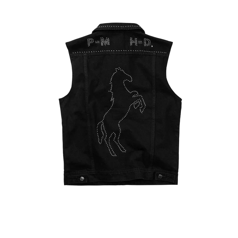 Black Post Malone x Harley-Davidson studded denim vest back with a rhinestone rearing horse design