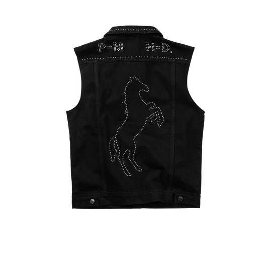 Black Post Malone x Harley-Davidson studded denim vest back with a rhinestone rearing horse design