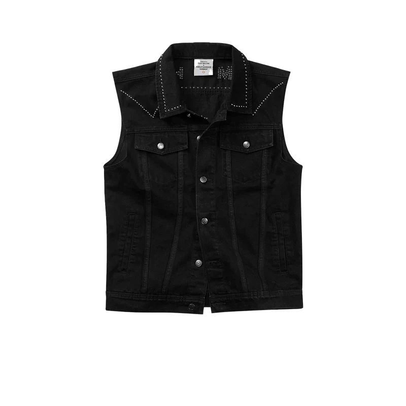 Black Post Malone x Harley-Davidson studded denim vest with silver stud detailing on the collar