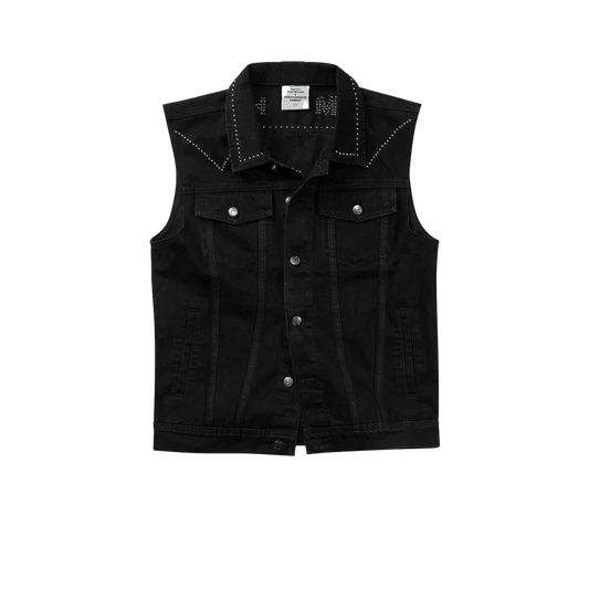 Black Post Malone x Harley-Davidson studded denim vest with silver stud detailing on the collar