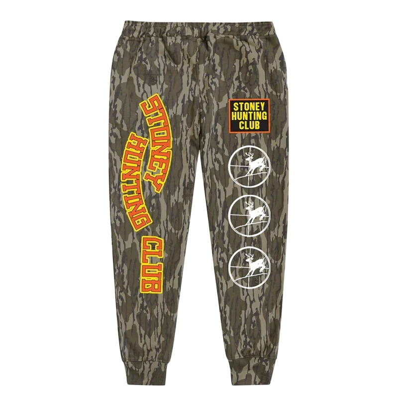 Camo Post Malone Stoney Hunting Club sweatpants with orange vertical lettering and target logos