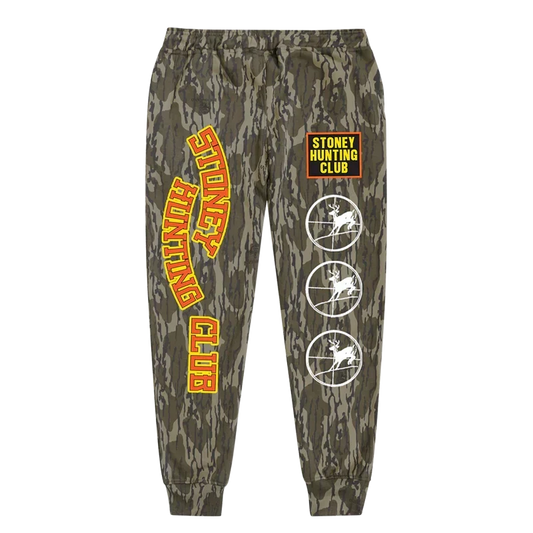 Camo Post Malone Stoney Hunting Club sweatpants with orange vertical lettering and target logos
