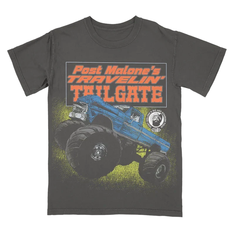 Charcoal Post Malone Travelin' Tailgate tee with a monster truck graphic and orange tour lettering