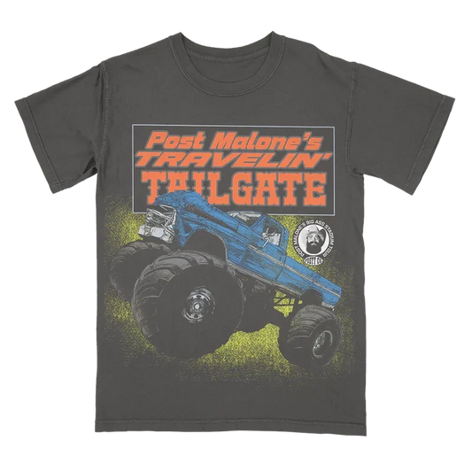 Charcoal Post Malone Travelin' Tailgate tee with a monster truck graphic and orange tour lettering