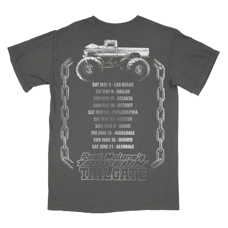Charcoal Post Malone Travelin' Tailgate tee back with a chained monster truck graphic and tour dates