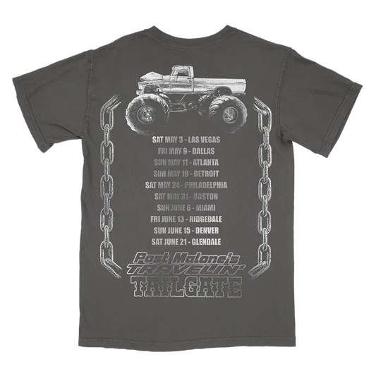 Charcoal Post Malone Travelin' Tailgate tee back with a chained monster truck graphic and tour dates