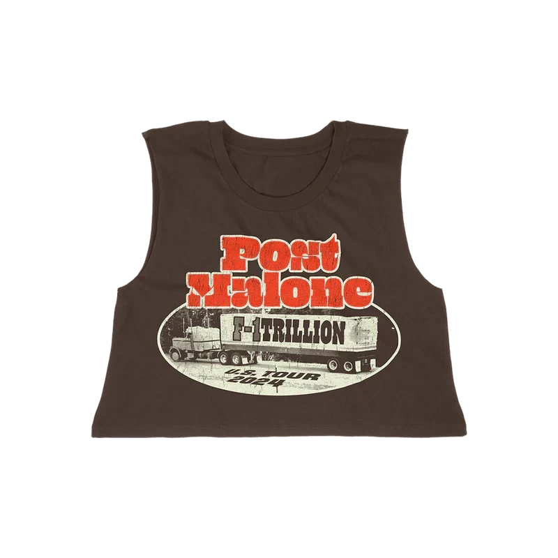 Brown Post Malone F-1 Trillion cropped tank with a red weigh station oval graphic on the chest