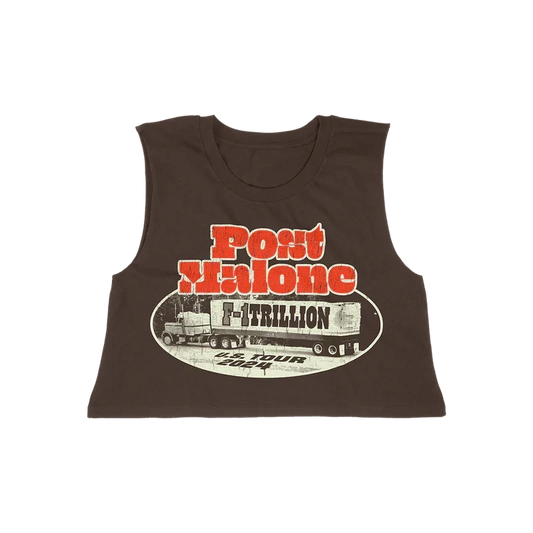 Brown Post Malone F-1 Trillion cropped tank with a red weigh station oval graphic on the chest