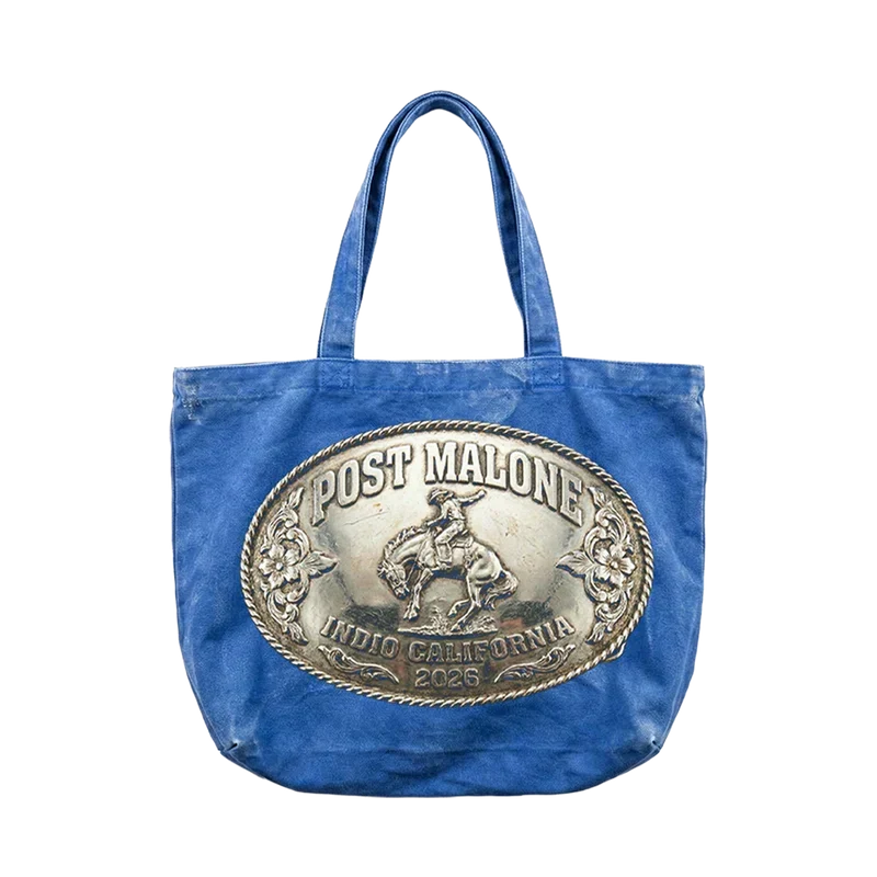 Blue washed denim Post Malone Buckle Desert tote with a large Indio California belt buckle graphic